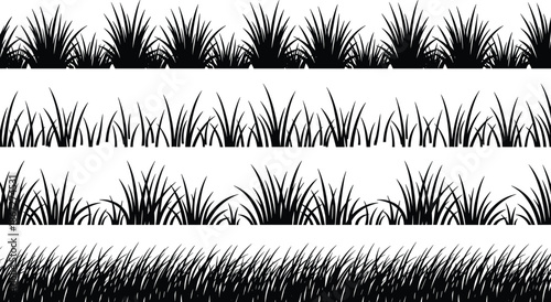 Black silhouette collection of wild meadow grass, spring field flowers, and herbal plant stems isolated on white background for design.