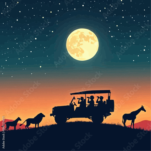 Night Safari Adventure: Silhouetted Wildlife Under a Full Moon