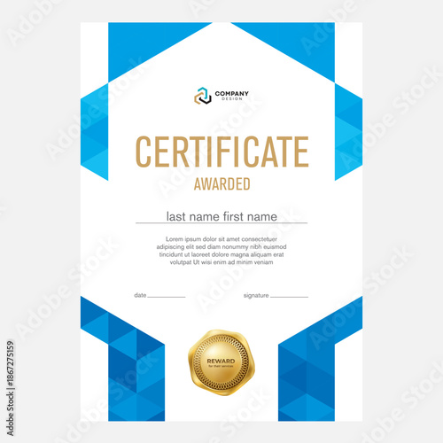Certificate design, creative geometric background with triangles, award diploma template, certificate.