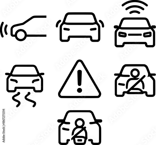 Smart Car Sensors and Vehicle Dashboard Line Icons