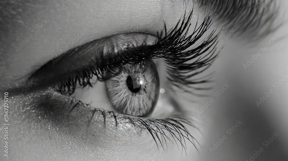 Obraz premium Macro Close-Up of a Human Eye with Long Eyelashes in Black and White