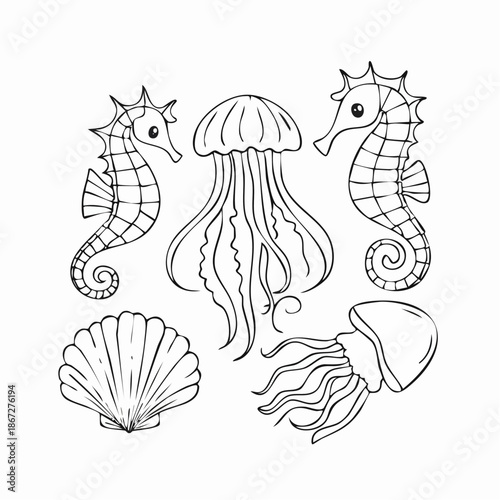 Whimsical sea creatures outline illustration including seahorse jellyfish and seashell