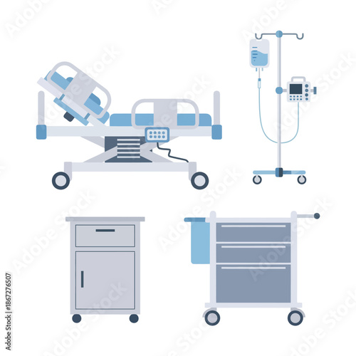 Hospital Medical Equipment Flat Design: Bed, IV Drip Stand, Cabinet, Cart