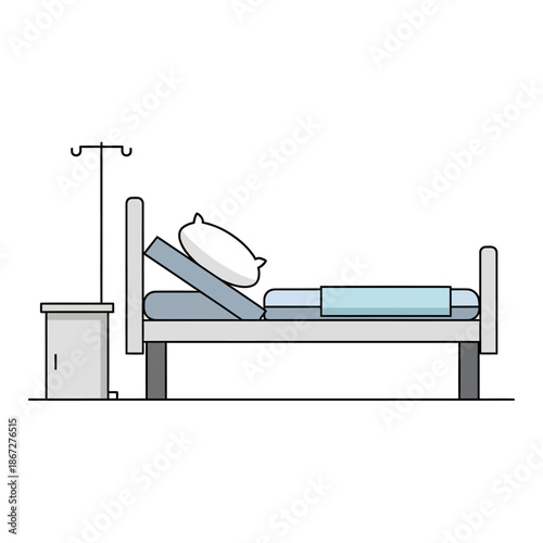 Hospital Bed with IV Stand and Nightstand Illustration