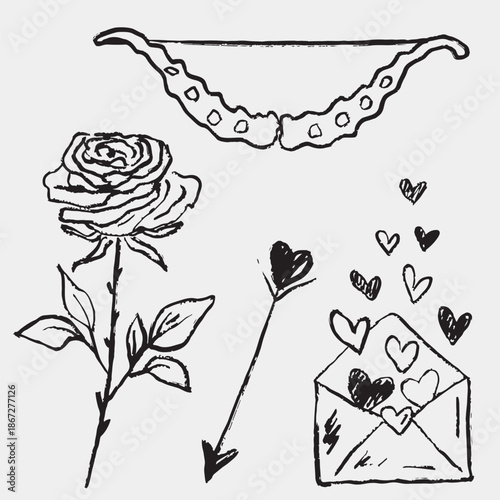 Hand drawn rose flower, bow with heart arrow. Opened envelope with flying hearts. Love concept, Valentine's day decorations. Vector sketch illustration in vintage crayon charcoal style.