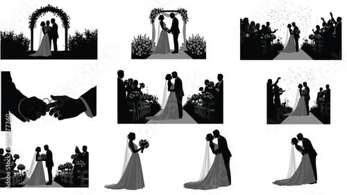 Black and white wedding couple silhouettes in various romantic poses and scenes with flowers and people with romance and love and marriage