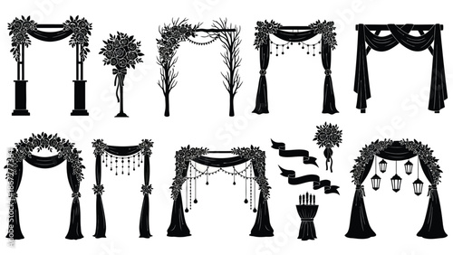 Collection of elegant black wedding arch silhouettes with floral decorations and drapes for event planning and design with event decoration