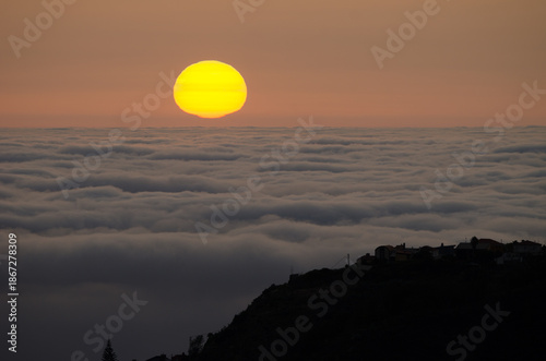 Sunrise over a sea of clouds. San Mateo. Gran Canaria. Canary Islands. Spain.