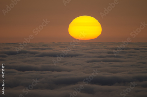 Sunrise over a sea of clouds. San Mateo. Gran Canaria. Canary Islands. Spain.