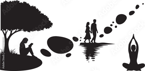 Silhouettes of people in peaceful nature setting with water