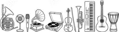 Musical instrument illustration, audio equipment sketch, vintage style, hand drawn music tools, classical and modern sound gear, monochrome artwork