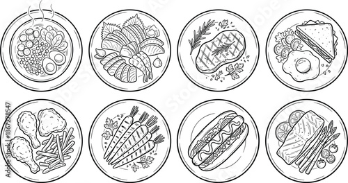 Hand drawn food illustration, monochrome sketch, diverse meals, international cuisine, vintage style, restaurant menu art, culinary variety, detailed dishes