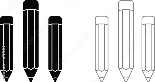Pencil icon set illustration, black and outline school stationery symbols, writing education tool vector isolated on white