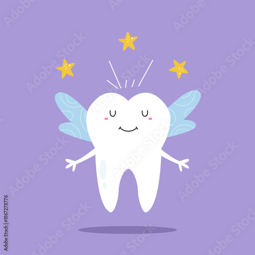 Cute Cartoon Tooth Fairy Character with Wings and Stars.