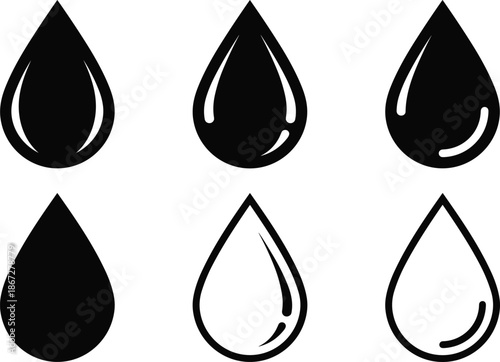 Water drop icon set, black white liquid droplet shapes, minimal silhouette outline symbols, oil rain fluid vector illustration
