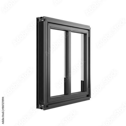 Modern black framed window with double panes, isolated on white.