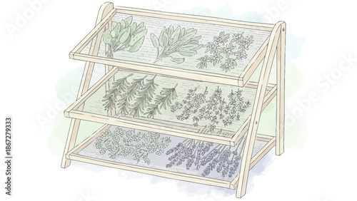 Herbs drying on a rack for herbal medicine and natural remedies.