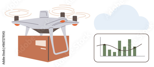 quadcopter delivery, logistics, data analysis, cloud computing, e-commerce, modern technology. A Quadcopter carrying a box alongside a cloud and chart. Drone delivery and logistics highlight modern