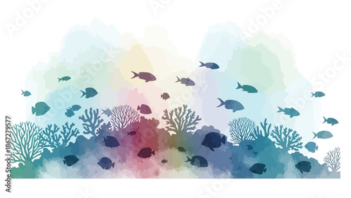 Colorful underwater reef scene with swimming fish silhouettes and watercolor background.