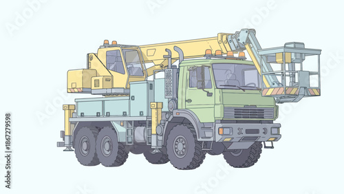 An illustration of a large industrial aerial work platform truck.