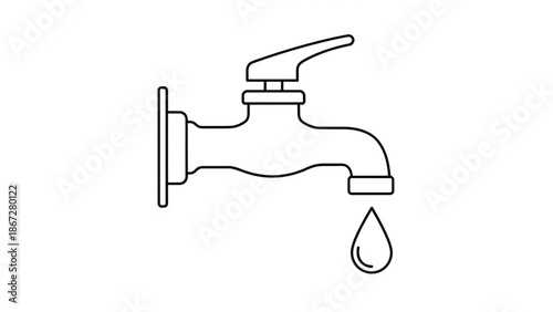 A dripping faucet with a single drop falling, viewed from the side, in a simple line art style