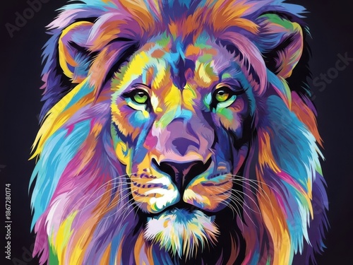 Vibrant multicolored lion portrait on dark background with artistic colors