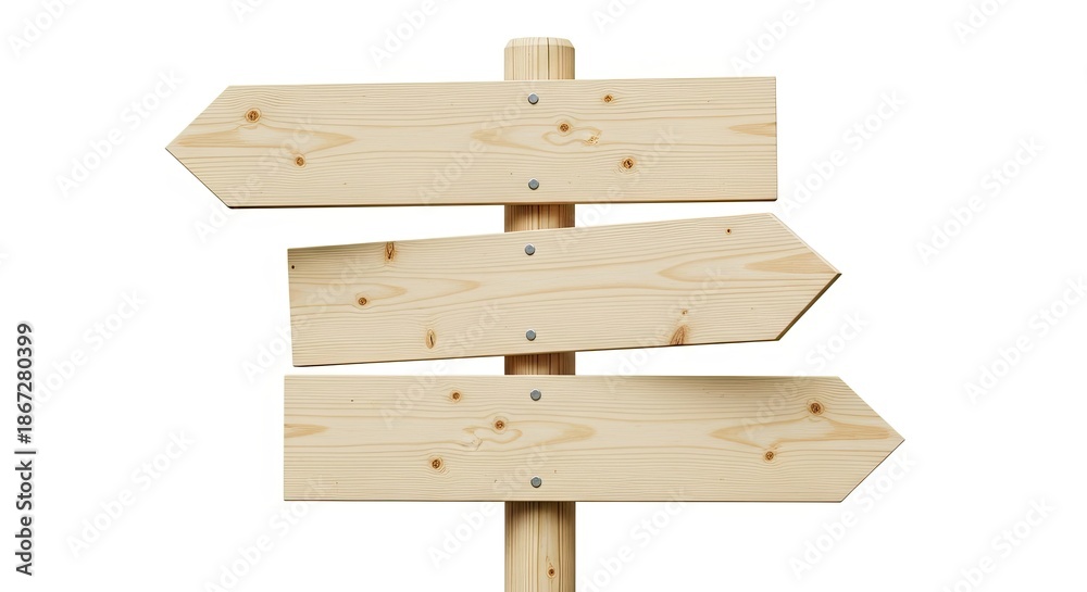 Fototapeta premium Directional Signs: A rustic wooden signpost featuring three directional arrows, offering multiple choices for exploration and guidance.
