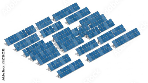Aerial view of solar panels arranged in a grid pattern on a flat surface