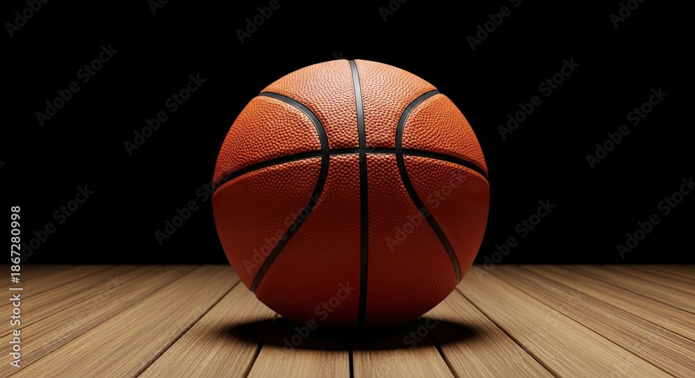 Obraz premium Basketball on the Court: An iconic orange basketball, positioned in the center, takes center stage on a well-worn hardwood court, the lines of the ball's design providing texture and visual interest.