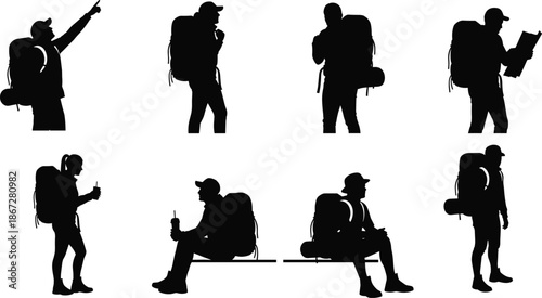 Backpacker silhouette adventure set, hiking traveler with backpack poses, outdoor exploration journey, camping lifestyle, black vector illustration collection design pack
