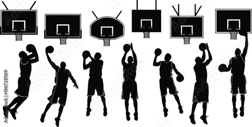 Basketball player silhouette action set, professional dunk shooting poses, dynamic sports movement, athletic performance, black vector illustration collection, design pack