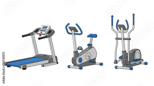 Collection of outline style gym equipment, including a treadmill, exercise bike, and elliptical trainer, essential for cardiovascular and strength training workouts.