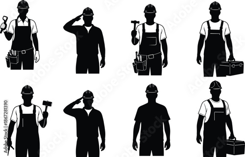 Construction worker silhouettes collection, builders wearing helmets holding tools, industrial labor professions, handyman characters set, black isolated vector illustration