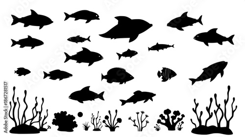 Minimalist ocean life silhouette icons in black flat vector style, featuring various marine animals such as fish, dolphins, and turtles, alongside underwater plants like coral and seaweed, all with cl