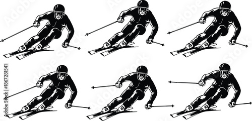 Dynamic alpine ski racer silhouettes, winter sports action illustration, professional downhill skiing movement, extreme speed, mountain adventure, black and white vector