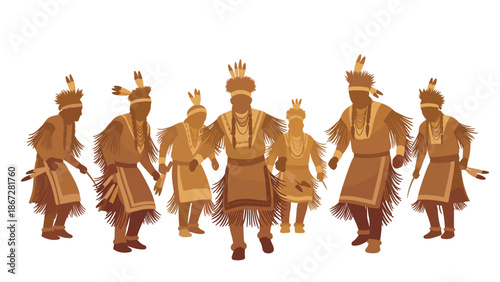 Group of Native American men in traditional attire performing a cultural dance, celebrating heritage and ancestral traditions with vibrant movements.
