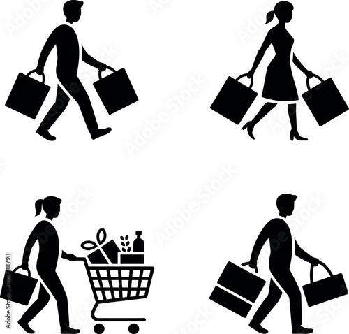 Silhouettes of people shopping with bags and grocery cart icons