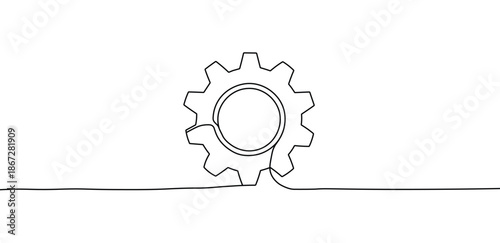 Gear drawing continuous single line art representing mechanism and progress