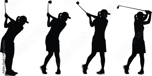 Female, golfer, silhouettes, golf, swing, motion, sport, fitness, athlete, training, outdoor, black, white, vector, illustration, woman, club, action, design, concept