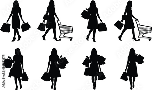 Female shopping silhouettes, woman carrying shopping bags, retail consumer concept, fashion buyer illustration, black silhouette collection, isolated on white background