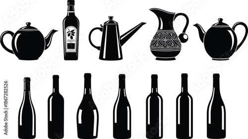 Black silhouettes of kitchen drinkware including wine bottles, teapots, olive oil, and vintage pitcher, vector icon collection isolated on white background