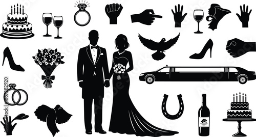 Wedding Silhouette Vector Set Collection of Bride and Groom Icons with Rings Cake Champagne and Celebration Symbols, Isolated on White Background