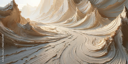 An abstract nature landscape of a smooth spiral shell on the sand featuring a brown sandstone texture with liquid chocolate swirls and cream geology patterns