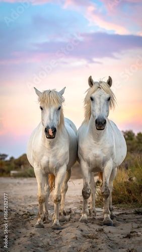 Two pale equines stand on a sandy path, their white coats contrasting the pastel sky. Their heads are centered, facing the viewer