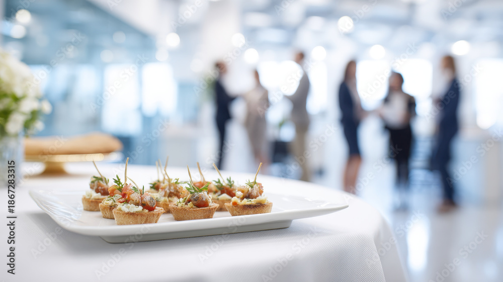 Fototapeta premium Elegant canapes served at a corporate event with blurred guests in the background. Delicate bite-sized appetizers arranged on a white platter, perfect for catering and business gatherings