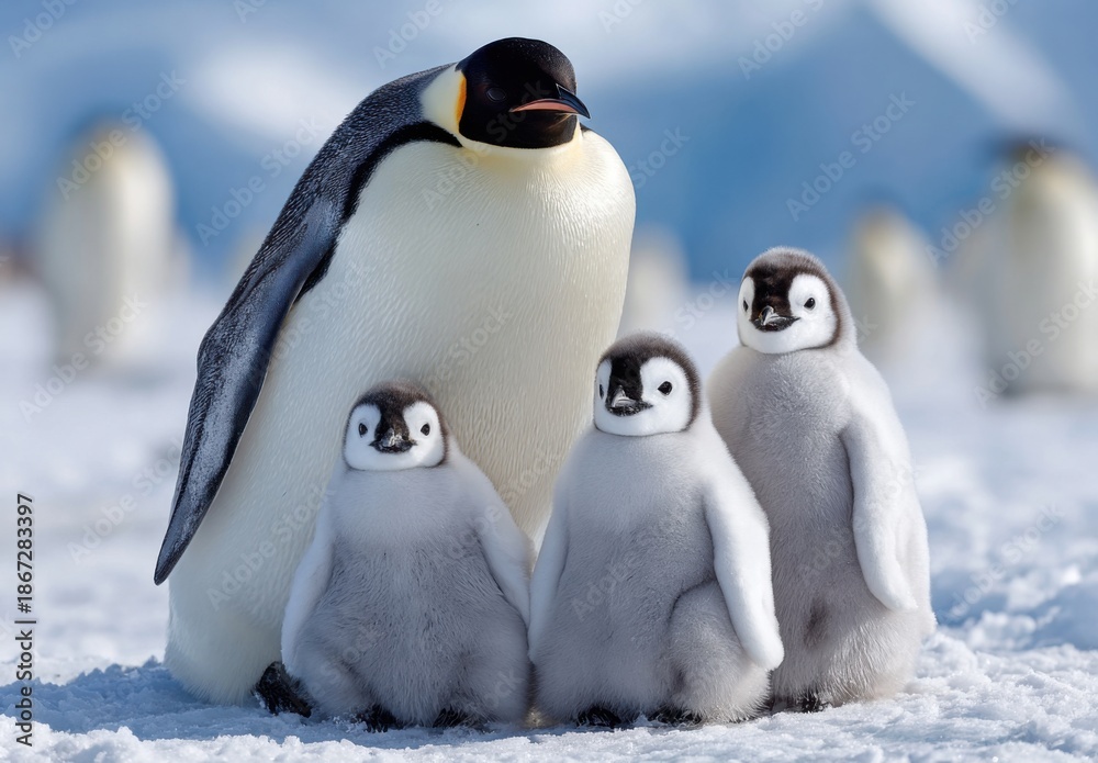Fototapeta premium an emperor penguin with two baby emperor penguins, all standing on the snow-covered ground