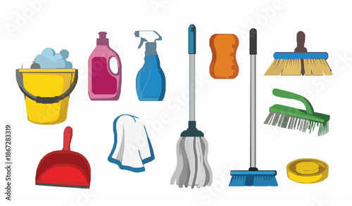 Colorful housekeeping tools vector icons set for home cleaning and office maintenance