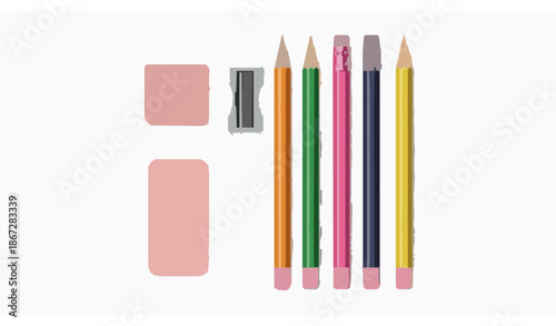 Realistic colored pencil stationery vector set with eraser and sharpener isolated on white