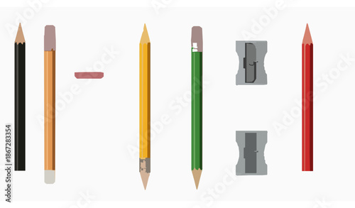 Colored wooden pencil and stationery tools vector illustration with eraser and sharpener