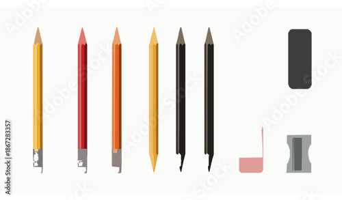 Pencil stationery realistic vector illustration set with sharpened colored pencils eraser and sharpener